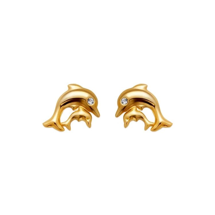 NEW 14K YELLOW GOLD DOUBLE DOLPHIN STUD EARRINGS (1 of 2)