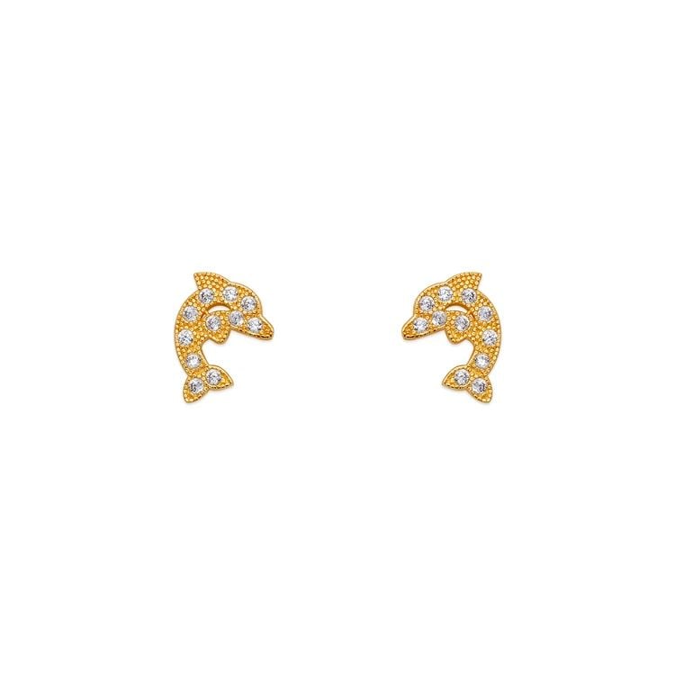 NEW 14K YELLOW GOLD DOLPHIN PAVE STUD EARRINGS (1 of 2)