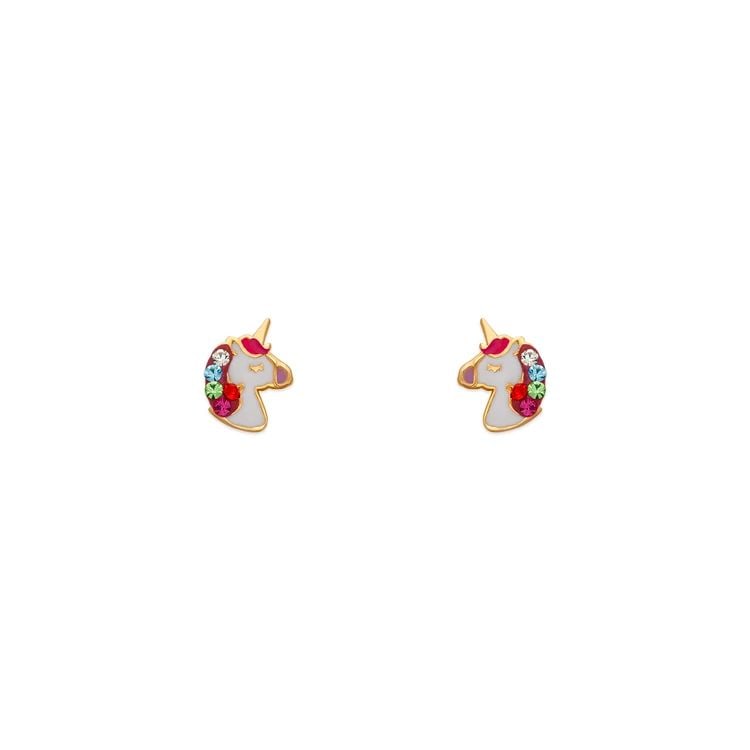 NEW 14K YELLOW GOLD ENAMEL UNICORN STUD EARRINGS (1 of 2)