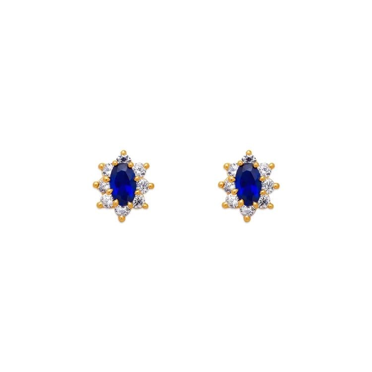 NEW 14K YELLOW GOLD BLUE FLOWER HALO STUD EARRINGS: NEW 14K YELLOW GOLD BLUE FLOWER HALO STUD EARRINGS BLUE FLOWER HALO STUD EARRINGS NEW 14K YELLOW GOLD Width: Approx. 6x8mm Apx WEIGHT: 2g
