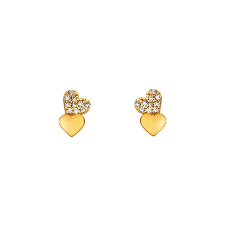 NEW 14K YELLOW GOLD DOUBLE HEART PAVE STUD EARRINGS (1 of 2)