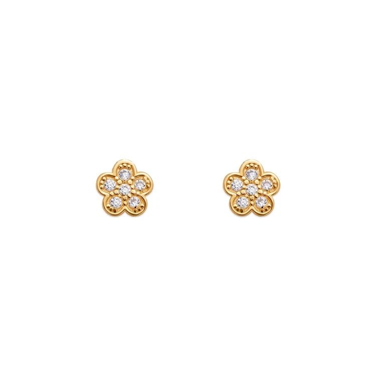 NEW 14K YELLOW GOLD FLOWER PAVE STUD EARRINGS (1 of 2)