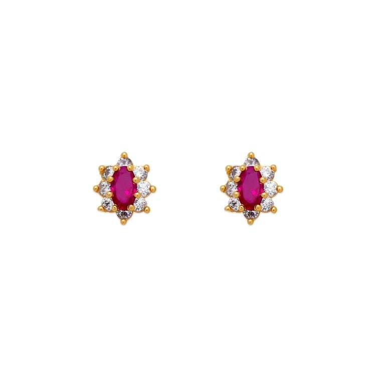 NEW 14K YELLOW GOLD RED FLOWER HALO STUD EARRINGS: NEW 14K YELLOW GOLD RED FLOWER HALO STUD EARRINGS RED FLOWER HALO STUD EARRINGS NEW 14K YELLOW GOLD Width: Approx. 6x8mm Apx WEIGHT: 2g