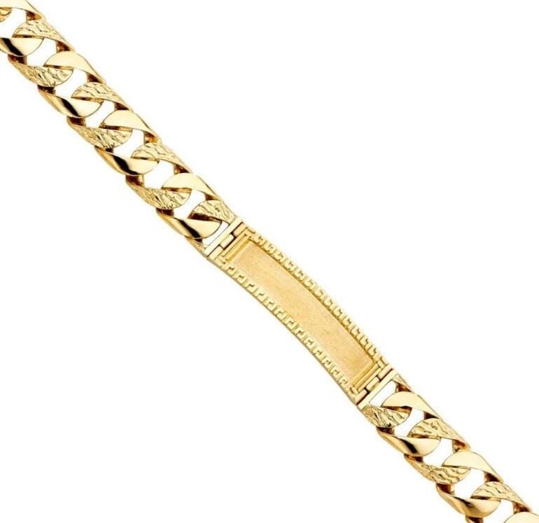 NEW 14K YELLOW GOLD NUGGET CURB LINK F GRK ID BRACELET: NEW 14K YELLOW GOLD NUGGET CUBAN LINK F GRK ID BRACELET NUGGET CUBAN LINK F GRK ID BRACELET NEW 14K YELLOW GOLD LENGTH - 8.5in Apx WEIGHT - 44.7g