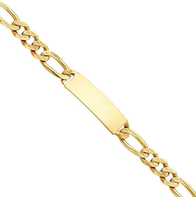 NEW 14K YELLOW GOLD DC FIGARO LINK ID BRACELET: NEW 14K YELLOW GOLD DC FIGARO LINK ID BRACELET DC FIGARO LINK ID BRACELET NEW 14K YELLOW GOLD LENGTH - 8.5in Apx WEIGHT - 42.6g