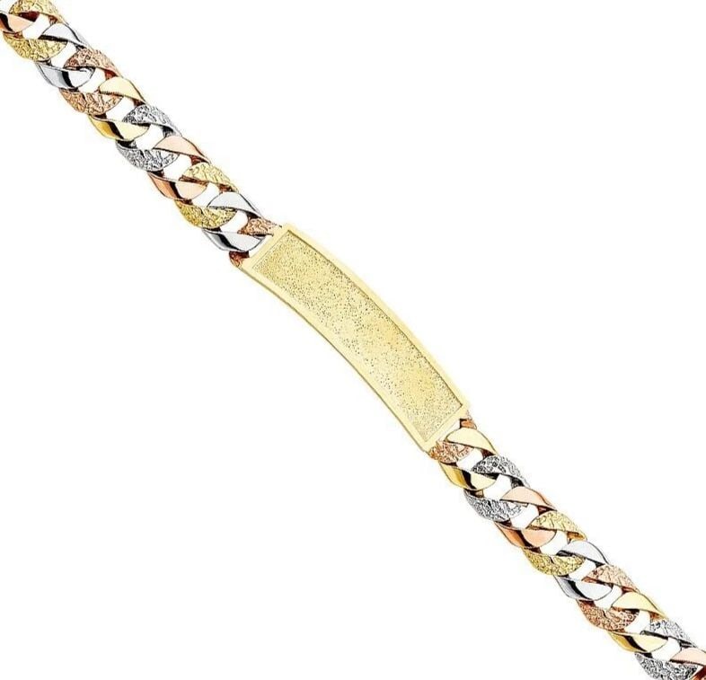 NEW 14K TRI COLOR GOLD NUGGET CURB FRAME ID BRACELET: NEW 14K TRI COLOR GOLD NUGGET CUBAN FRAME ID BRACELET NUGGET CUBAN FRAME ID BRACELET NEW 14K TRI COLOR GOLD LENGTH - 8.5in Apx WEIGHT - 34.5g