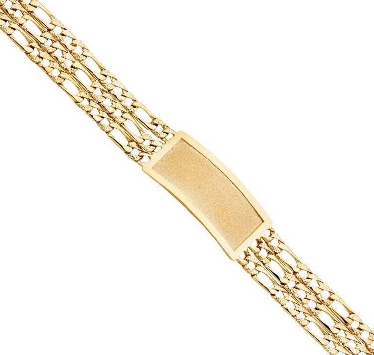 NEW 14K YELLOW GOLD 3 ROW LIGHT NUGGET FIGARO LINK FRAME ID BRACELET: NEW 14K YELLOW GOLD 3L LIGHT NUGGET FIGARO LINK FRAME ID BRACELET 3L LIGHT NUGGET FIGARO LINK FRAME ID BRACELET NEW 14K YELLOW GOLD LENGTH - 8.5in Apx WEIGHT - 34.3g