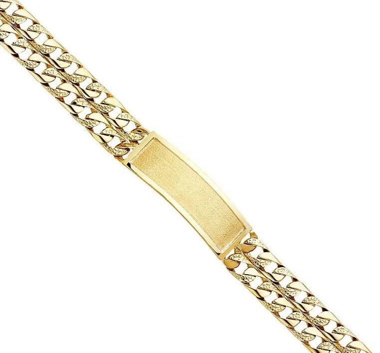 NEW 14K YELLOW GOLD 3L NUGGET CURB LINK FRAME ID BRACELET: NEW 14K YELLOW GOLD 3L NUGGET CUBAN LINK FRAME ID BRACELET 3L NUGGET CUBAN LINK FRAME ID BRACELET NEW 14K YELLOW GOLD LENGTH - 8.5in Apx WEIGHT - 33.4g