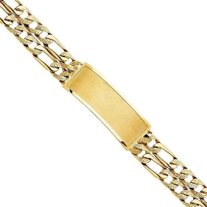 NEW 14K YELLOW GOLD 2 ROW NUGGET FIGARO LINK FRAME ID BRACELET: NEW 14K YELLOW GOLD 2L NUGGET FIGARO LINK FRAME ID BRACELET 2L NUGGET FIGARO LINK FRAME ID BRACELET NEW 14K YELLOW GOLD LENGTH - 8.5in Apx WEIGHT - 33.3g