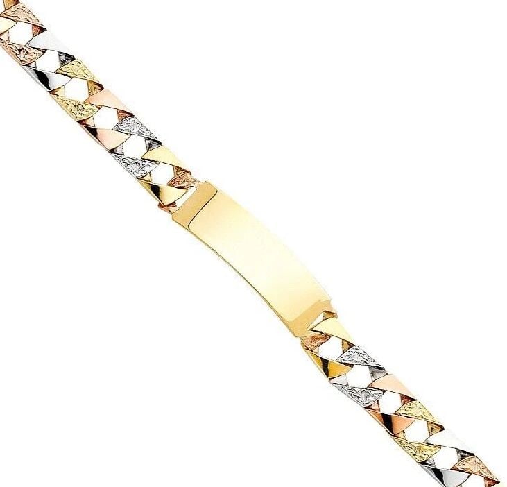 NEW 14K TRI COLOR GOLD NUGGET CURB ID BRACELET: NEW 14K TRI COLOR GOLD NUGGET CUBAN ID BRACELET NUGGET CUBAN ID BRACELET NEW 14K TRI COLOR GOLD LENGTH - 8.5in Apx WEIGHT - 29.6g