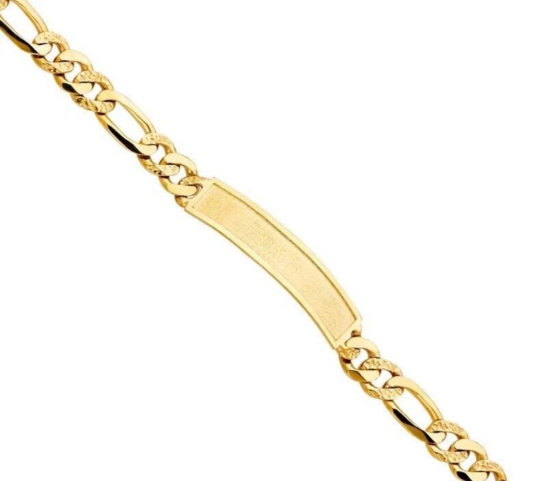 NEW 14K YELLOW GOLD NUGGET FIGARO LINK FRAME ID BRACELET: NEW 14K YELLOW GOLD NUGGET FIGARO LINK FRAME ID BRACELET NUGGET FIGARO LINK FRAME ID BRACELET NEW 14K YELLOW GOLD LENGTH - 8.5in Apx WEIGHT - 28.9g
