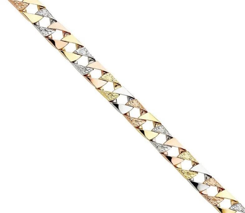 NEW 14K TRI COLOR GOLD NUGGET SQUARE CURB LINK BRACELET: NEW 14K TRI COLOR GOLD NUGGET SQUARE CUBAN LINK BRACELET NUGGET SQUARE CUBAN LINK BRACELET NEW 14K TRI COLOR GOLD LENGTH - 8.5in Apx WEIGHT - 27.8g