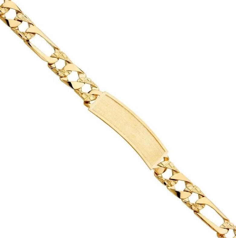 NEW 14K YELLOW GOLD NUGGET FIGARO LINK FRAME ID BRACELET: NEW 14K YELLOW GOLD NUGGET FIGARO LINK FRAME ID BRACELET NUGGET FIGARO LINK FRAME ID BRACELET NEW 14K YELLOW GOLD LENGTH - 8.5in Apx WEIGHT - 27.3g