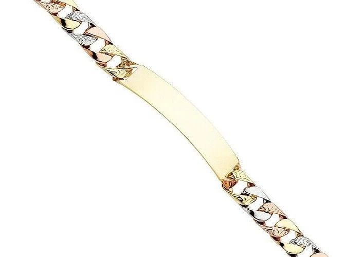 NEW 14K TRI COLOR GOLD NUGGET CURB ID BRACELET: NEW 14K TRI COLOR GOLD NUGGET CUBAN ID BRACELET NUGGET CUBAN ID BRACELET NEW 14K TRI COLOR GOLD LENGTH - 8.5in Apx WEIGHT - 27.1g
