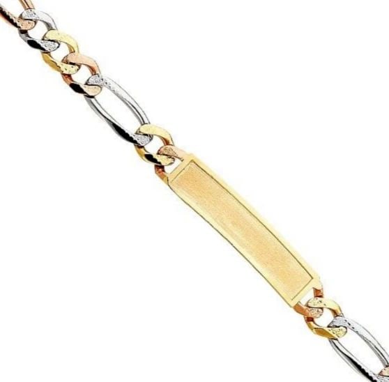 NEW 14K TRI COLOR GOLD DC FIGARO FRAME ID BRACELET: NEW 14K TRI COLOR GOLD DC FIGARO FRAME ID BRACELET DC FIGARO FRAME ID BRACELET NEW 14K TRI COLOR GOLD LENGTH - 8.5in Apx WEIGHT - 25.2g