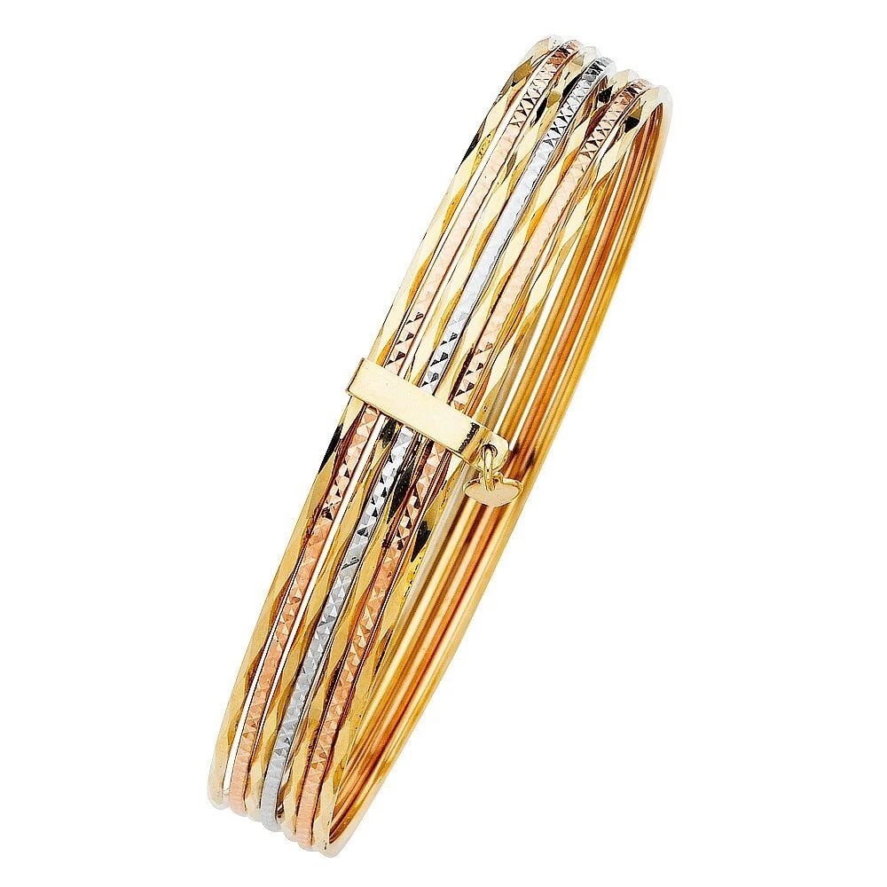 NEW 14K TRI COLOR GOLD 7DAYS SOLID BANGLE: NEW 14K TRI COLOR GOLD 7DAYS SOLID BANGLE 7DAYS SOLID BANGLE NEW 14K TRI COLOR GOLD LENGTH - 7in Apx WEIGHT - 18.4g .