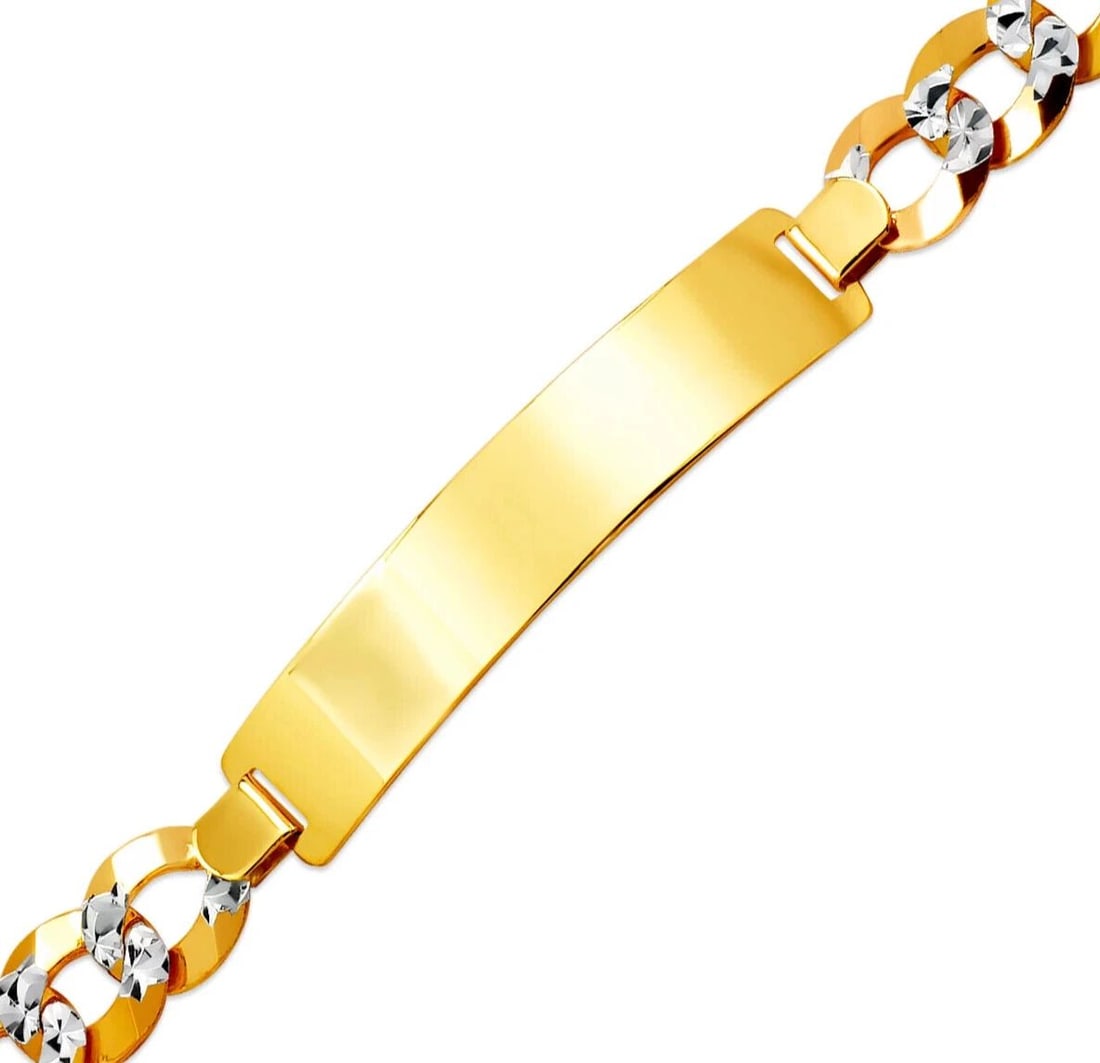 NEW 14K YELLOW WHITE PAVE GOLD CURB LIGHT ID BRACELET: NEW 14K YELLOW WHITE PAVE GOLD CURB LIGHT ID BRACELET 14K White Pave Gold Approx. 260 Gauge (11.0mm ID, 11.0mm Bracelet) High Polished Lobster Lock Length 8" Weight: 23.6 Grams