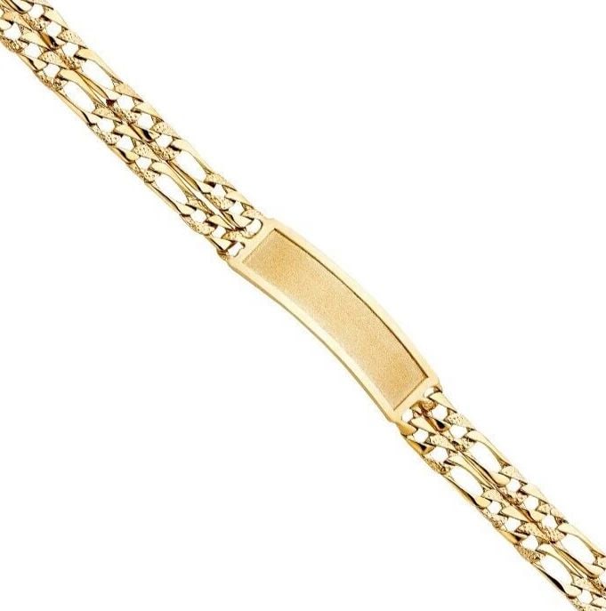 NEW 14K YELLOW GOLD 2 ROW LIGHT NUGGET FIGARO LINK FRAME ID BRACELET: NEW 14K YELLOW GOLD 2L LIGHT NUGGET FIGARO LINK FRAME ID BRACELET 2L LIGHT NUGGET FIGARO LINK FRAME ID BRACELET NEW 14K YELLOW GOLD LENGTH - 8.5in Apx WEIGHT - 22.8g