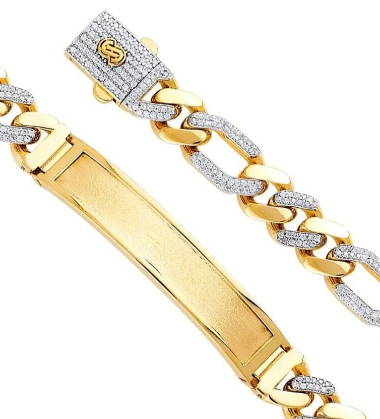 NEW 14K YELLOW GOLD 9.5MM HOLLOW FIGARO MONACO BRACELET WITH FRAME ID: NEW 14K YELLOW GOLD 9.5MM HOLLOW FIGARO MONACO BRACELET WITH FRAME ID 9.5MM HOLLOW FIGARO MONACO BRACELET WITH FRAME ID NEW 14K YELLOW GOLD C Z LENGTH - 8.5in Apx WEIGHT - 19.5g