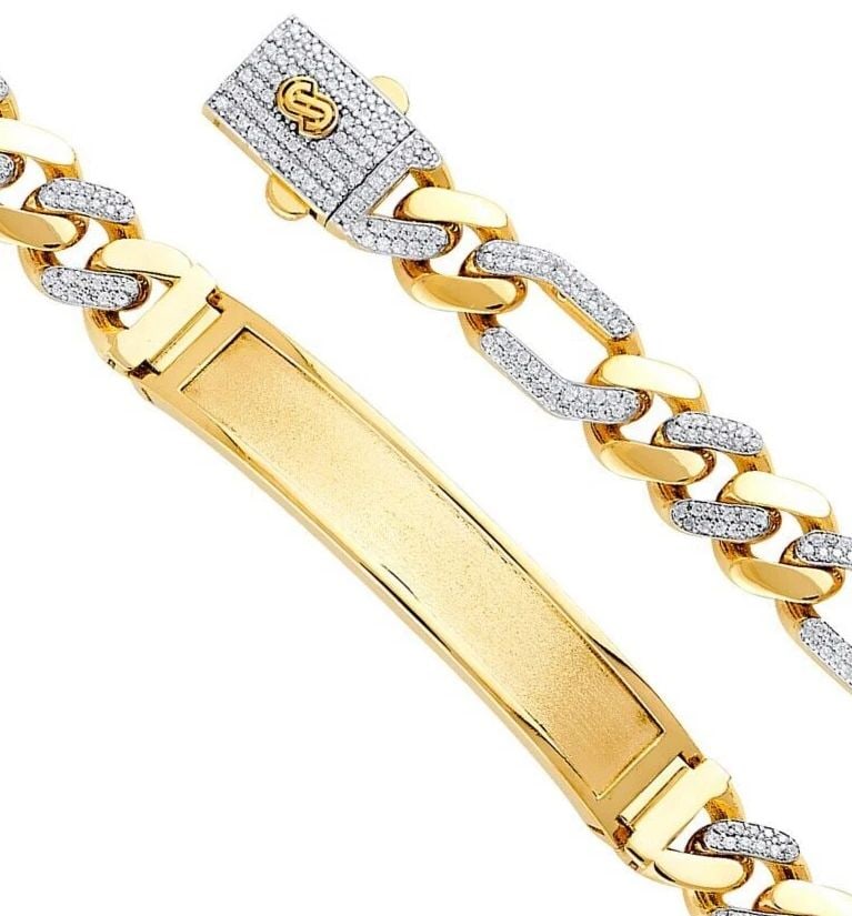 NEW 14K YELLOW GOLD 9.5MM HOLLOW FIGARO MONACO BRACELET WITH PLAIN ID: NEW 14K YELLOW GOLD 9.5MM HOLLOW FIGARO MONACO BRACELET WITH PLAIN ID 9.5MM HOLLOW FIGARO MONACO BRACELET WITH PLAIN ID NEW 14K YELLOW GOLD C Z LENGTH - 8.5in Apx WEIGHT - 19g