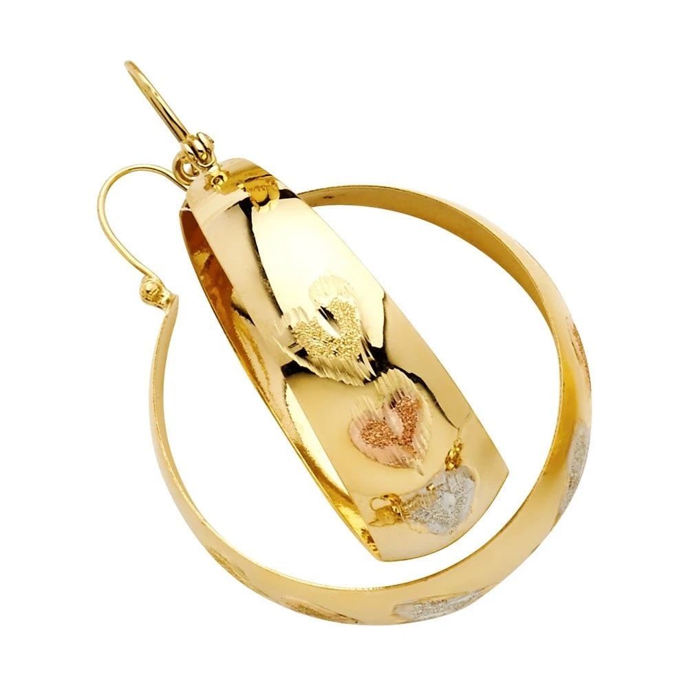 NEW 14K TRI COLOR GOLD HEART DC GRADUATED HOOP EARRINGS: NEW 14K TRI COLOR GOLD HEART DC GRADUATED HOOP EARRINGS HEART DC GRADUATED HOOP EARRINGS NEW 14K TRI COLOR GOLD HEIGHT - 50 mm WIDTH - 50 mm Apx WEIGHT - 14.4 g