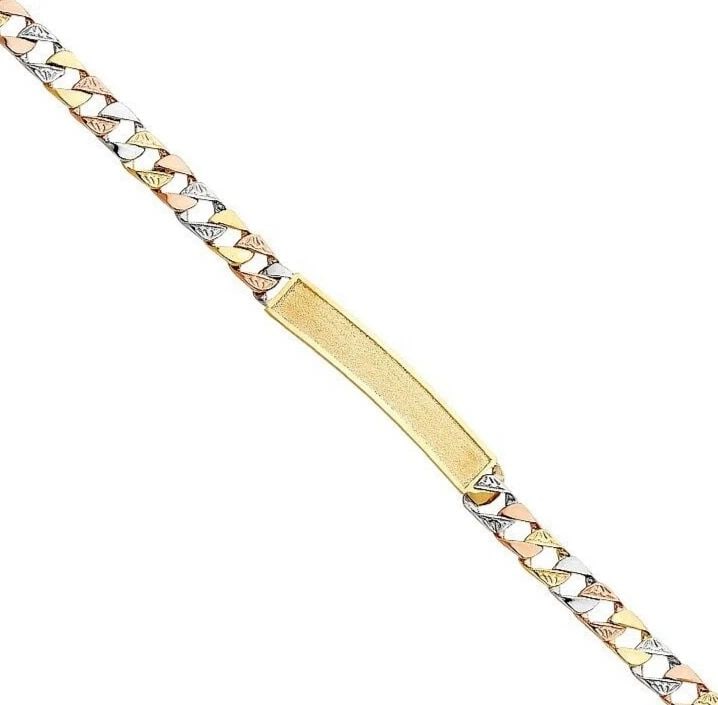 NEW 14K TRI COLOR GOLD NUGGET CURB FRAME ID BRACELET: NEW 14K TRI COLOR GOLD NUGGET CUBAN FRAME ID BRACELET NUGGET CUBAN FRAME ID BRACELET NEW 14K TRI COLOR GOLD LENGTH - 8.5in Apx WEIGHT - 18g