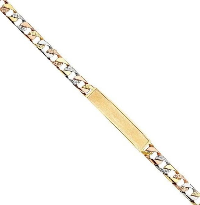 NEW 14K TRI COLOR GOLD NUGGET CURB FRAME ID BRACELET: NEW 14K TRI COLOR GOLD NUGGET CUBAN FRAME ID BRACELET NUGGET CUBAN FRAME ID BRACELET NEW 14K TRI COLOR GOLD LENGTH - 8.5in Apx WEIGHT - 17.4g