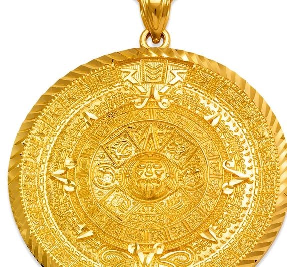 NEW 14K YELLOW GOLD D/C AZTEC CALENDAR PENDANT: NEW 14K YELLOW GOLD D/C AZTEC CALENDAR PENDANT D/C AZTEC CALENDAR PENDANT NEW 14K YELLOW GOLD Apx. WIDTH: 52x52mm Apx WEIGHT: 16.9g