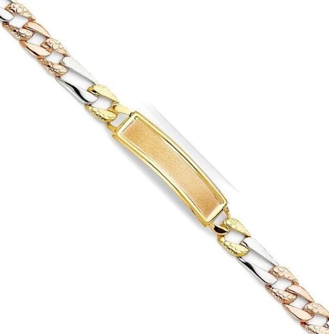 NEW 14K TRI COLOR GOLD STAMP FIGARO LINK FRAME ID BRACELET: NEW 14K TRI COLOR GOLD STAMP FIGARO LINK FRAME ID BRACELET STAMP FIGARO LINK FRAME ID BRACELET NEW 14K TRI COLOR GOLD LENGTH - 8.5in Apx WEIGHT - 16.7g