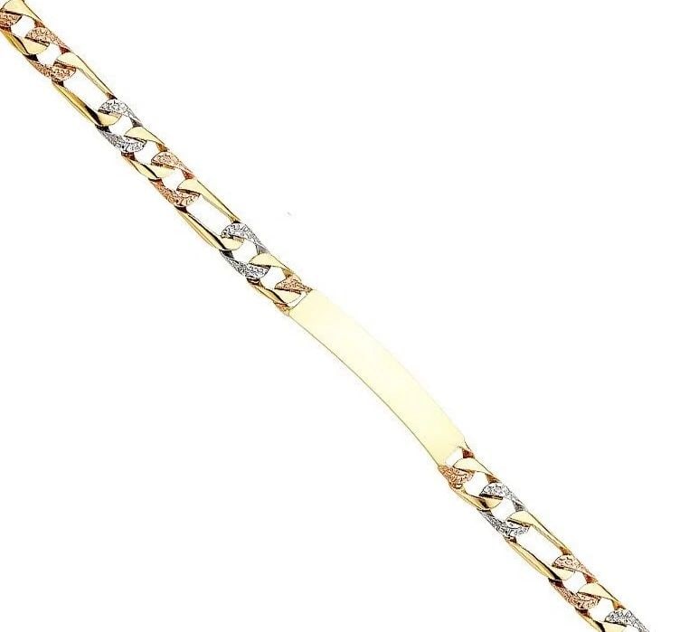 NEW 14K TRI COLOR GOLD NUGGET FIGARO ID BRACELET: NEW 14K TRI COLOR GOLD NUGGET FIGARO ID BRACELET NUGGET FIGARO ID BRACELET NEW 14K TRI COLOR GOLD LENGTH - 8in Apx WEIGHT - 16.7g
