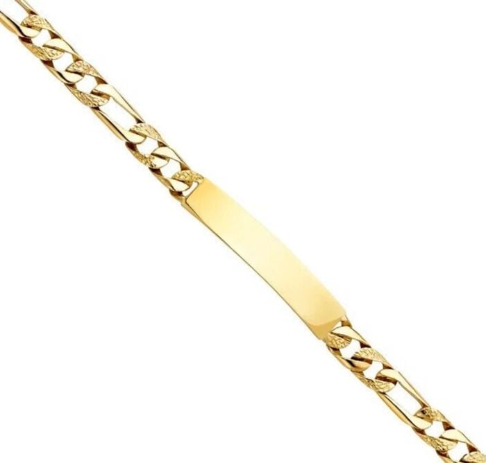 NEW 14K YELLOW GOLD NUGGET FIGARO LINK ID BRACELET: NEW 14K YELLOW GOLD NUGGET FIGARO LINK ID BRACELET NUGGET FIGARO LINK ID BRACELET NEW 14K YELLOW GOLD LENGTH - 8in Apx WEIGHT - 16.3g