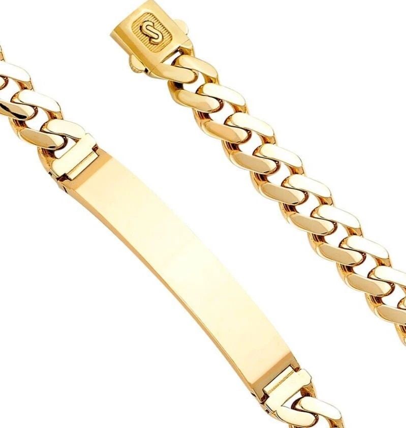 NEW 14K YELLOW GOLD 9.5MM HOL CUBAN MONACO BRACELET WITH PLAIN ID (1 of 2)