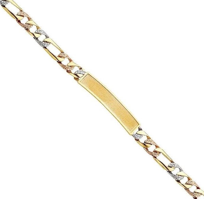 NEW 14K TRI COLOR GOLD NUGGET FIGARO FRAME ID BRACELET: NEW 14K TRI COLOR GOLD NUGGET FIGARO FRAME ID BRACELET NUGGET FIGARO FRAME ID BRACELET NEW 14K TRI COLOR GOLD LENGTH - 8in Apx WEIGHT - 15.8g