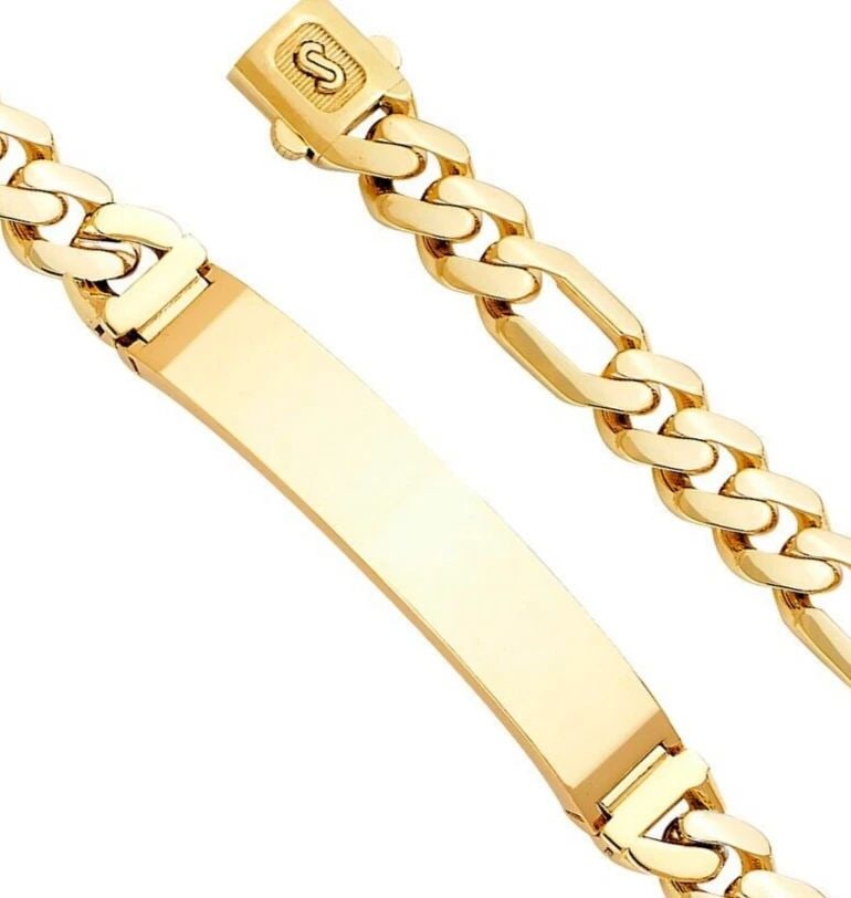 NEW 14K YELLOW GOLD 9.5MM HOLLOW FIGARO MONACO BRACELET WITH PLAIN ID: NEW 14K YELLOW GOLD 9.5MM HOLLOW FIGARO MONACO BRACELET WITH PLAIN ID 9.5MM HOLLOW FIGARO MONACO BRACELET WITH PLAIN ID NEW 14K YELLOW GOLD LENGTH - 8.5in Apx WEIGHT - 15.5g