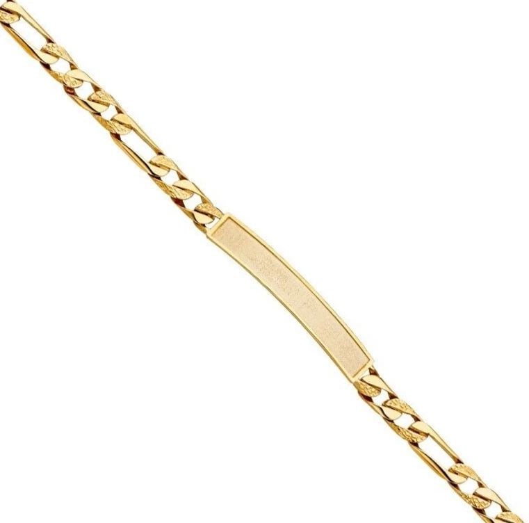 NEW 14K YELLOW GOLD NUGGET FIGARO LINK FRAME ID BRACELET: NEW 14K YELLOW GOLD NUGGET FIGARO LINK FRAME ID BRACELET NUGGET FIGARO LINK FRAME ID BRACELET NEW 14K YELLOW GOLD LENGTH - 8in Apx WEIGHT - 15.3g