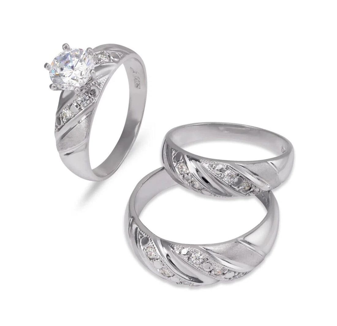 NEW 14K WHITE GOLD WEDDING TRIO RING SET: NEW 14K WHITE GOLD WEDDING TRIO RING SET 14K White Gold Ladies band and engagement ring is size 7 Men's ring is size 10 Rings Also Sold Separately Available in Two Tone Gold Weight: 10.3 Grams