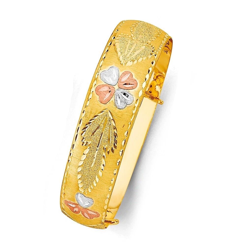 NEW 14K TRI COLOR GOLD 13MM ADJUSTABLE BANGLE: NEW 14K TRI COLOR GOLD 13MM ADJUSTABLE BANGLE ADJUSTABLE BANGLE NEW 14K TWO TONE GOLD LENGTH - 7in Apx WEIGHT - 11.1g .