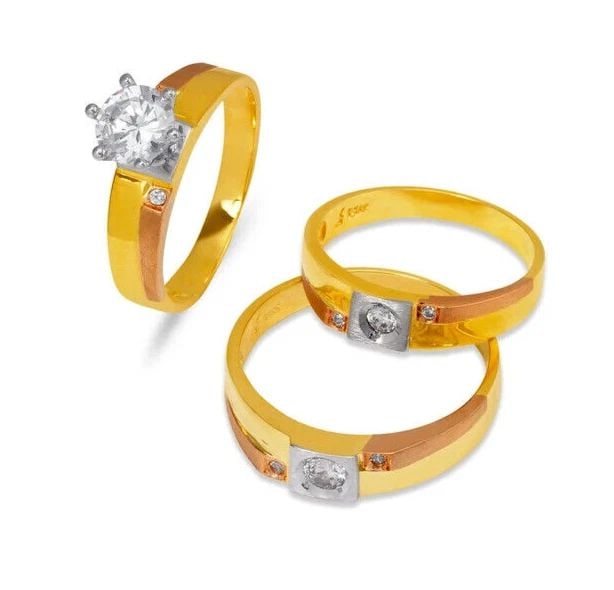 NEW 14K TRI COLOR GOLD WEDDING TRIO RING SET: NEW 14K TRI COLOR GOLD WEDDING TRIO RING SET 14K Tricolor Gold Ladies band and engagement ring is size 7 Men's ring is size 10 Rings Also Sold Separately Weight: 10.0 Grams