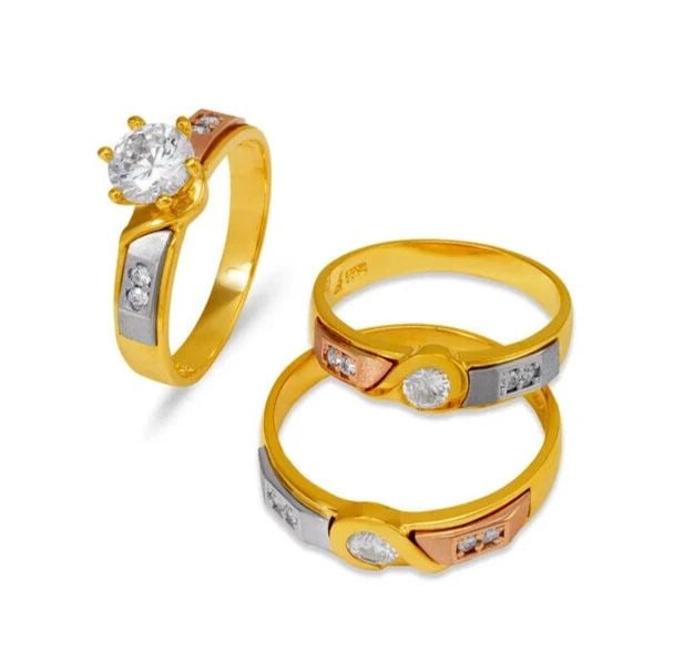 NEW 14K TRI COLOR GOLD WEDDING TRIO RING SET: NEW 14K TRI COLOR GOLD WEDDING TRIO RING SET 14K Tri color Gold Ladies band and engagement ring is size 7 Men's ring is size 10 Rings Also Sold Separately Weight: 9.6 Grams