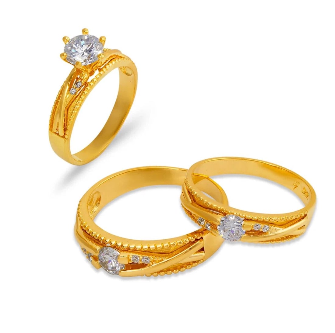 NEW 14K YELLOW GOLD WEDDING TRIO RING SET: NEW 14K YELLOW GOLD WEDDING TRIO RING SET 14K Yellow Gold Ladies band and engagement ring is size 7 Men's ring is size 10 Rings Also Sold Separately Available in Tricolor and White Gold Weight: 9.5 Gr