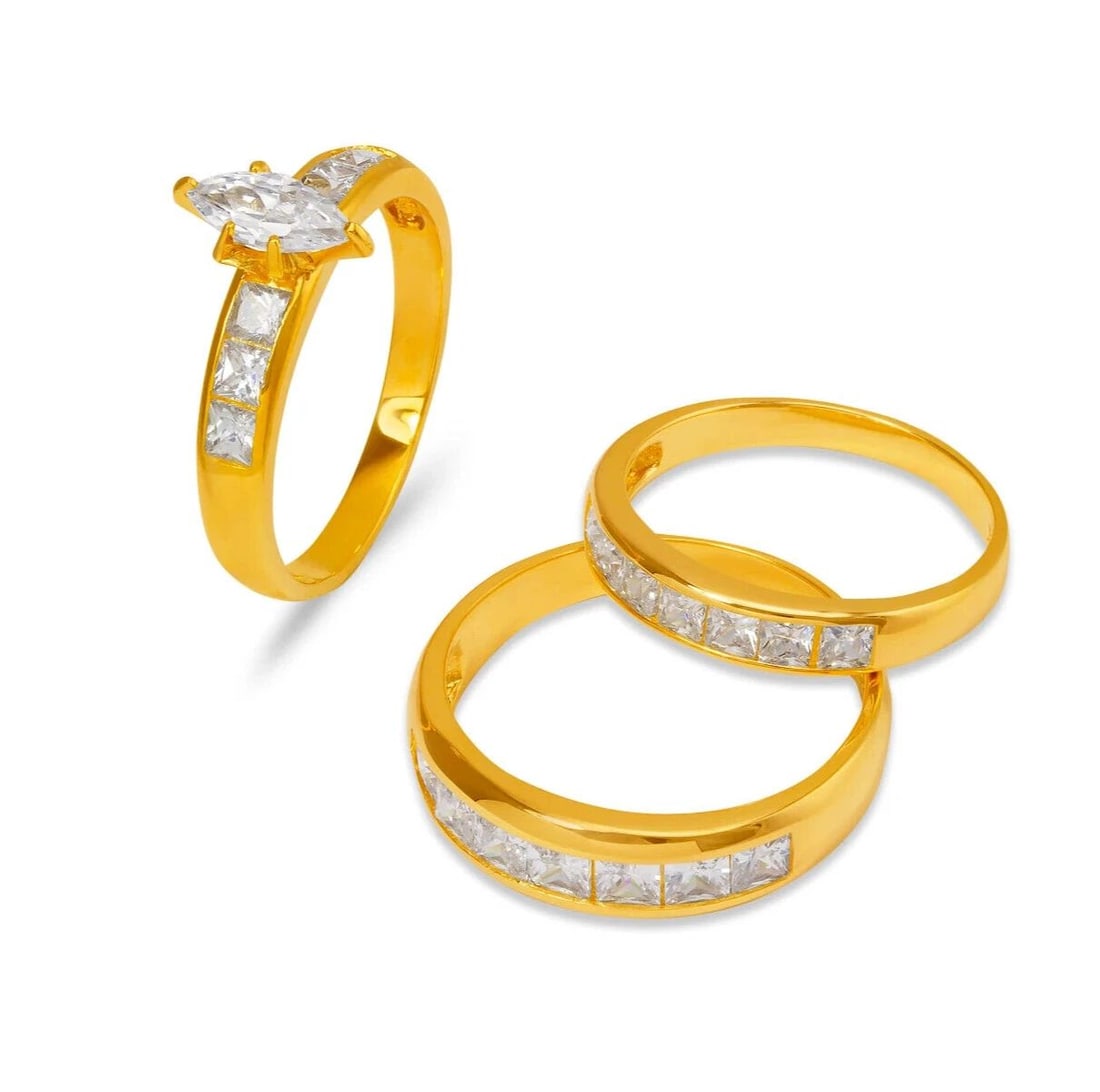 NEW 14K YELLOW GOLD WEDDING TRIO RING SET: NEW 14K YELLOW GOLD WEDDING TRIO RING SET 14K Yellow Gold Ladies band and engagement ring is size 7 Men's ring is size 10 Rings Also Sold Separately Available in White Gold Weight: 9.3 Grams