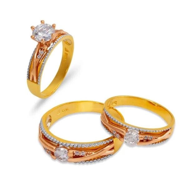 NEW 14K TRI COLOR GOLD WEDDING TRIO RING SET: NEW 14K TRI COLOR GOLD WEDDING TRIO RING SET 14K Tri color Gold Ladies band and engagement ring is size 7 Men's ring is size 10 Rings Also Sold Separately Available in Yellow and White Gold Weight: 9.