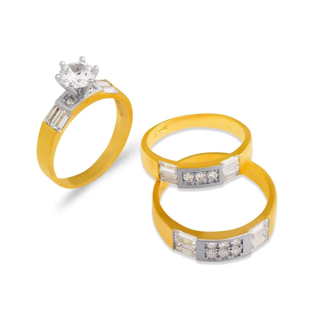 NEW 14K TWO TONE GOLD WEDDING TRIO RING SET: NEW 14K TWO TONE GOLD WEDDING TRIO RING SET 14K Two Tone Gold Ladies band and engagement ring is size 7 Men's ring is size 10 Rings Also Sold Separately Weight: 9.3 Grams