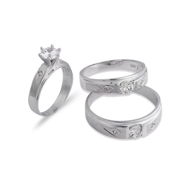 NEW 14K WHITE GOLD WEDDING TRIO RING SET: NEW 14K WHITE GOLD WEDDING TRIO RING SET 14K White Gold Ladies band and engagement ring is size 7 Men's ring is size 10 Rings Also Sold Separately Weight: 9.3 Grams