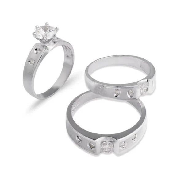 NEW 14K WHITE GOLD WEDDING TRIO RING SET: NEW 14K WHITE GOLD WEDDING TRIO RING SET 14K White Gold Ladies band and engagement ring is size 7 Men's ring is size 10 Rings Also Sold Separately Available in Yellow and Tricolor Gold Weight: 9.2 Gra