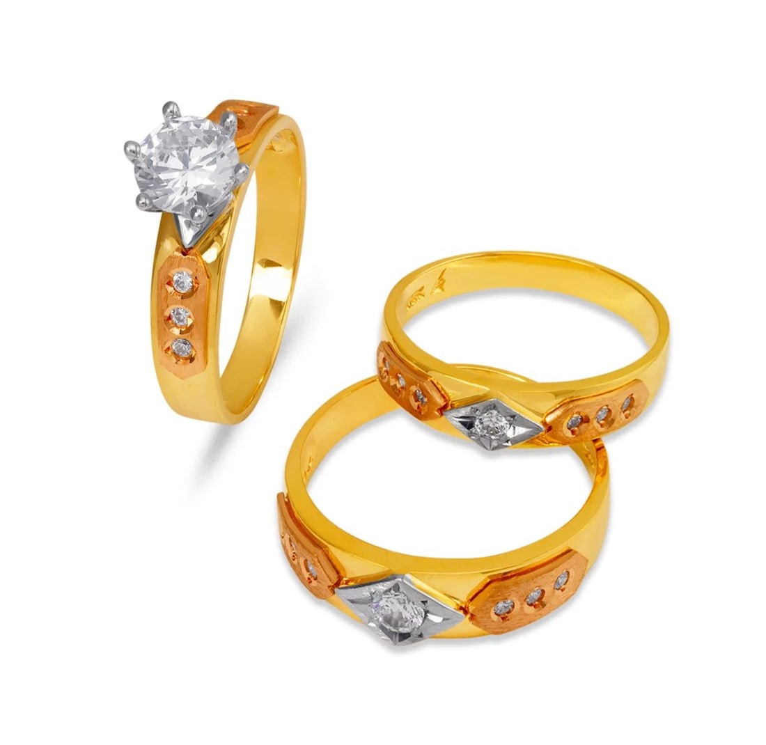 NEW 14K TRI COLOR GOLD WEDDING TRIO RING SET: NEW 14K TRI COLOR GOLD WEDDING TRIO RING SET 14K Tricolor Gold Ladies band and engagement ring is size 7 Men's ring is size 10 Rings Also Sold Separately Weight: 9.1 Grams