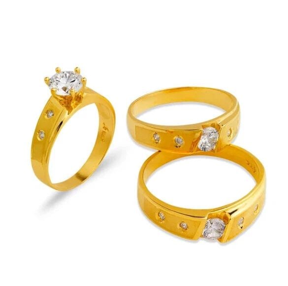 NEW 14K YELLOW GOLD WEDDING TRIO RING SET: NEW 14K YELLOW GOLD WEDDING TRIO RING SET 14K Yellow Gold Ladies band and engagement ring is size 7 Men's ring is size 10 Rings Also Sold Separately Available in Tricolor Gold Weight: 9.1 Grams