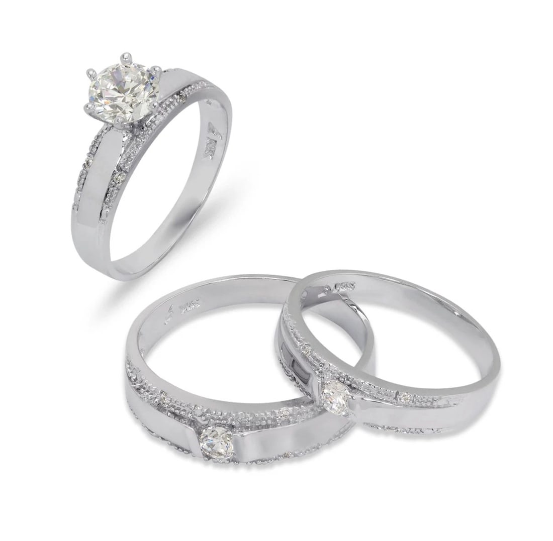NEW 14K WHITE GOLD WEDDING TRIO RING SET: NEW 14K WHITE GOLD WEDDING TRIO RING SET 14K White Gold Ladies band and engagement ring is size 7 Men's ring is size 10 Rings Also Sold Separately Available in Yellow and Tricolor Gold Weight: 9.0 Gra