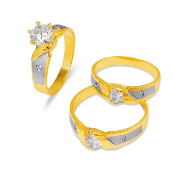 NEW 14K TWO TONE GOLD WEDDING TRIO RING SET: NEW 14K TWO TONE GOLD WEDDING TRIO RING SET 14K Two Tone Gold Ladies band and engagement ring is size 7 Men's ring is size 10 Rings Also Sold Separately Available in Tricolor Gold Weight: 9.0 Grams