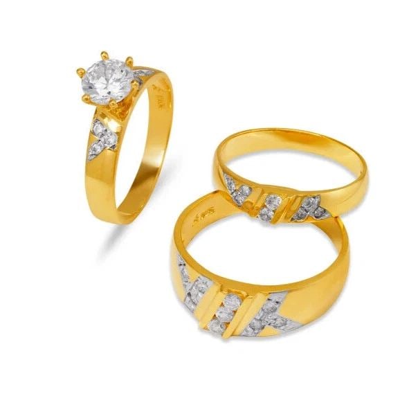 NEW 14K TWO TONE GOLD WEDDING TRIO RING SET: NEW 14K TWO TONE GOLD WEDDING TRIO RING SET 14K Two Tone Gold Ladies band and engagement ring is size 7 Men's ring is size 10 Rings Also Sold Separately Weight: 8.9 Grams